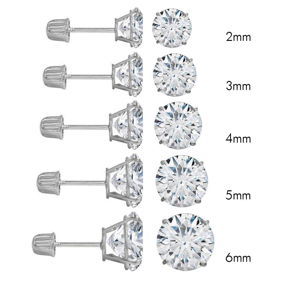 14K White Gold Round Cubic Zirconia Stud Earring Set on High Quality Prong Setting and Screw Back Post