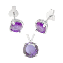 Load image into Gallery viewer, Sterling Silver Round Amethyst CZ Earrings And Pendant Set
