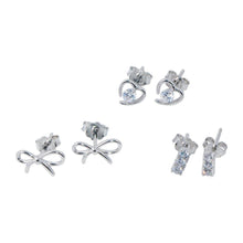 Load image into Gallery viewer, Sterling Silver Rhodium Plated Heart Bow and Bar CZ Earrings Set