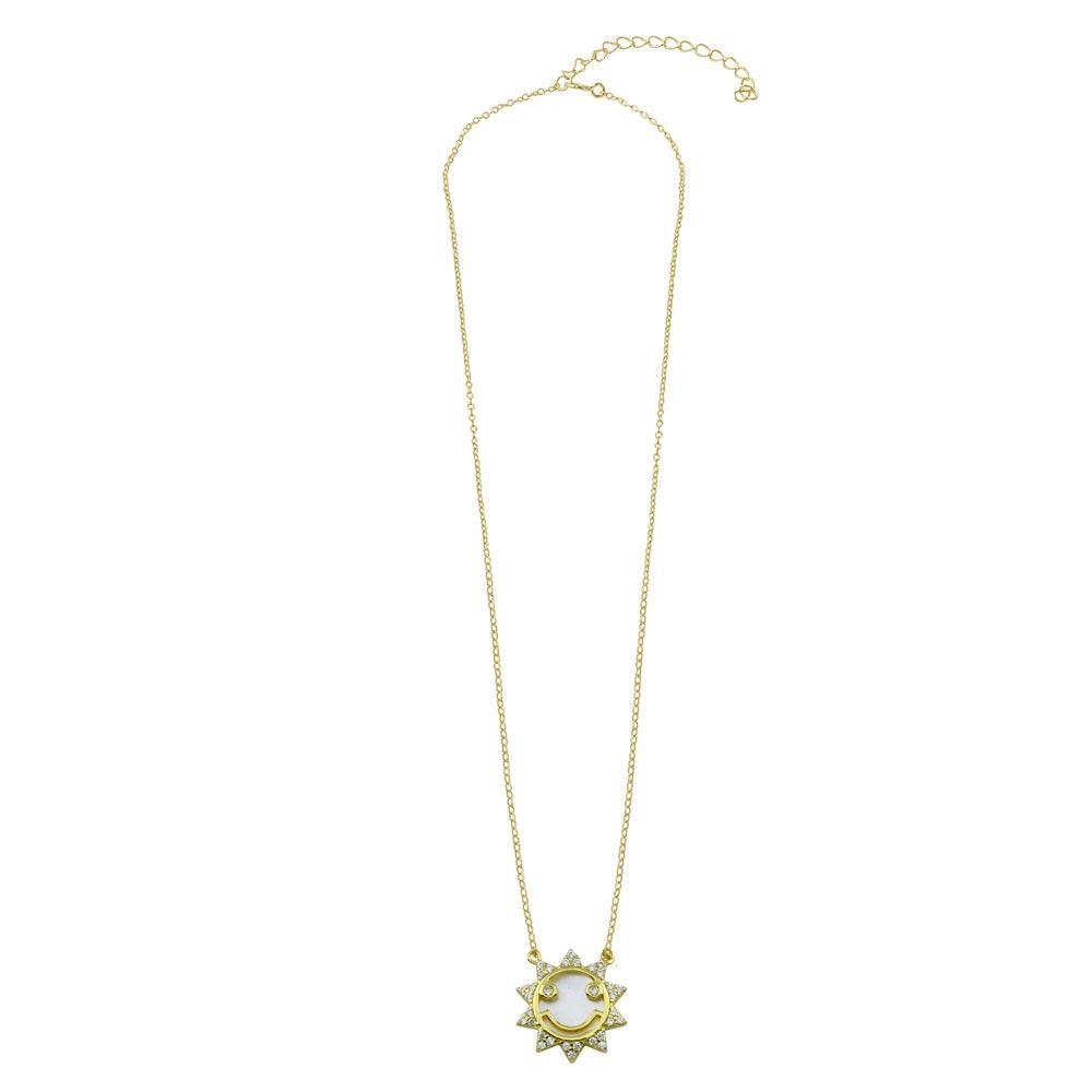 Sterling Silver Gold Plated CZ Synthetic Mother of Pearl Happy Face Sun Necklace