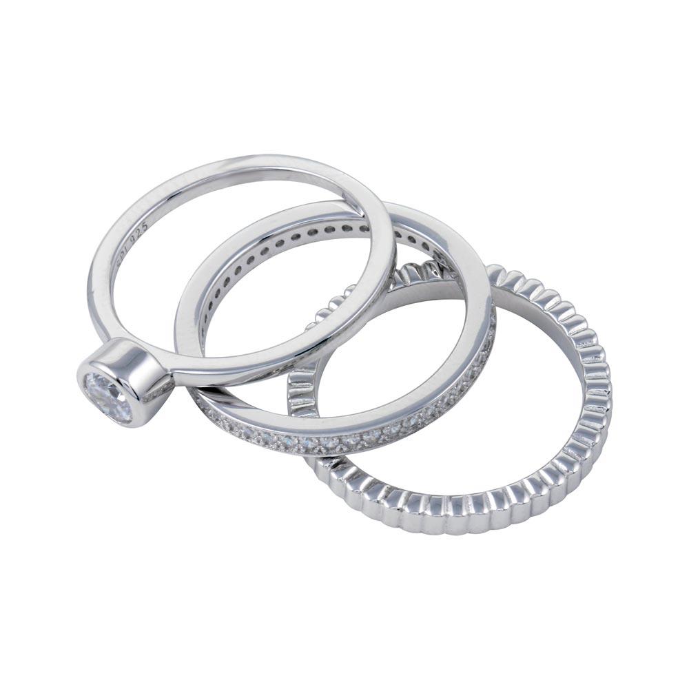 Sterling Silver Rhodium Plated Channel Center CZ Stackable Ring Set