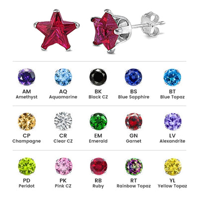 Sterling Silver Colored CZ 8mm Stamping Star Earrings