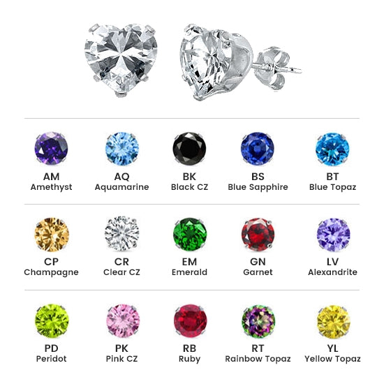 Sterling Silver Colored CZ 4mm Stamping Heart Earrings