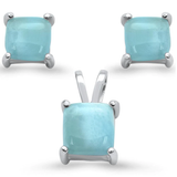 Sterling Silver Natural Larimar Princess Cut Earring and Pendant Set