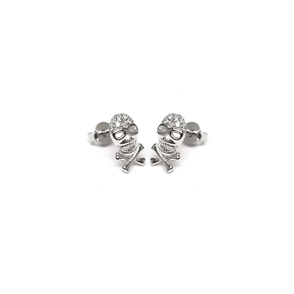 Sterling Silver Rhodium Plated Skull CZ Stud Earrings