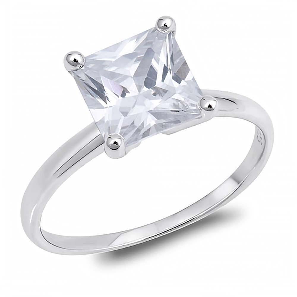 Sterling Silver Princess Cut Clear Solitaire CZ Engagement Ring on Prong Setting with Rhodium Finish, Face Height of 9mm