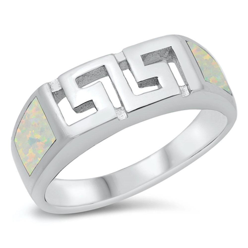 Sterling Silver Rhodium Plated White Lab Opal Aztec Ring