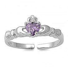 Load image into Gallery viewer, Sterling Silver Stylish Claddagh Toe Ring with Amethyst CZ HeartAnd Face Height 7 MM