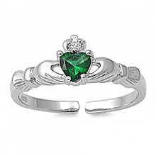 Load image into Gallery viewer, Sterling Silver Stylish Claddagh Toe Ring with Emerald CZ Heart and Face Height 7 MM