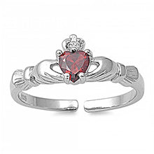 Load image into Gallery viewer, Sterling Silver Stylish Claddagh Toe Ring with Garnet CZ HeartAnd Face Height 7 MM
