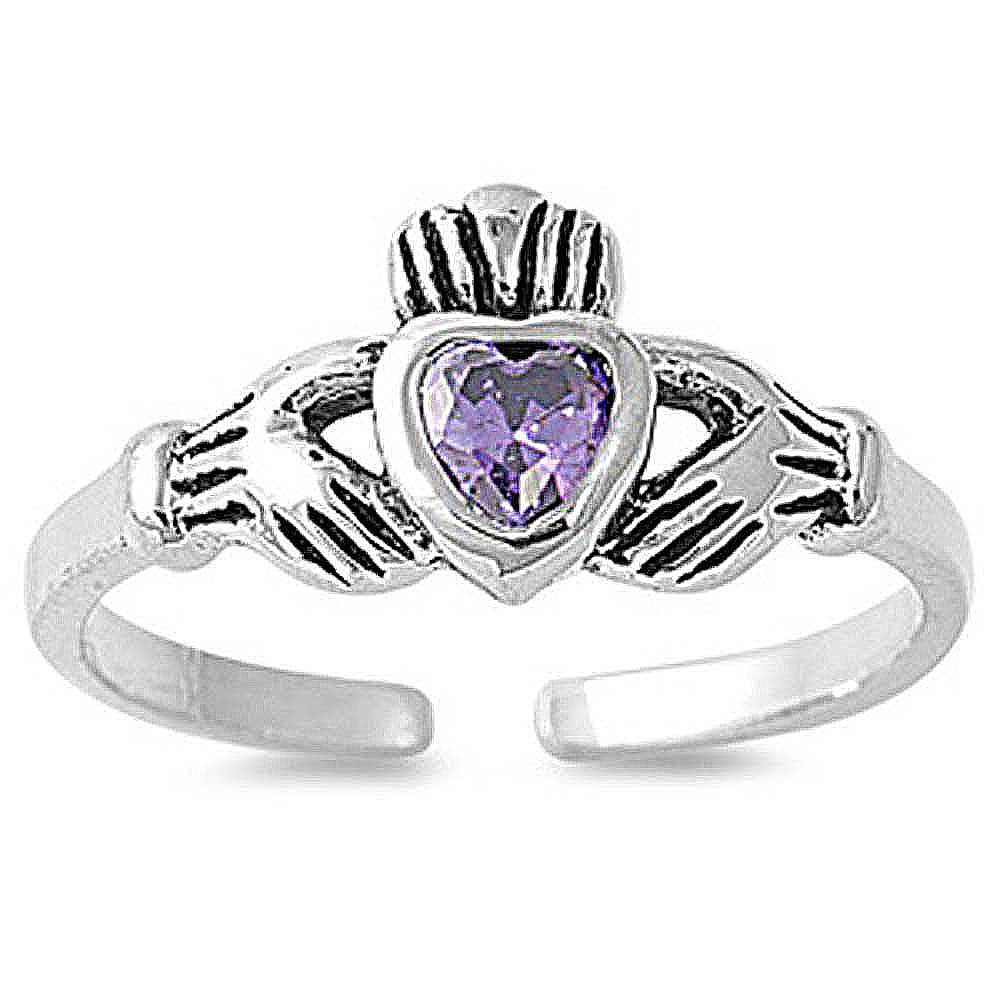 Sterling Silver Classy Claddagh Toe Ring with Amethyst CZ HeartAnd Face Height 7 MM