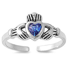 Load image into Gallery viewer, Sterling Silver Classy Claddagh Toe Ring with Blue Sapphire CZ  HeartAnd Face Height 7 MM