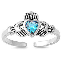 Load image into Gallery viewer, Sterling Silver Classy Claddagh Toe Ring with Blue Topaz CZ HeartAnd Face Height 7 MM