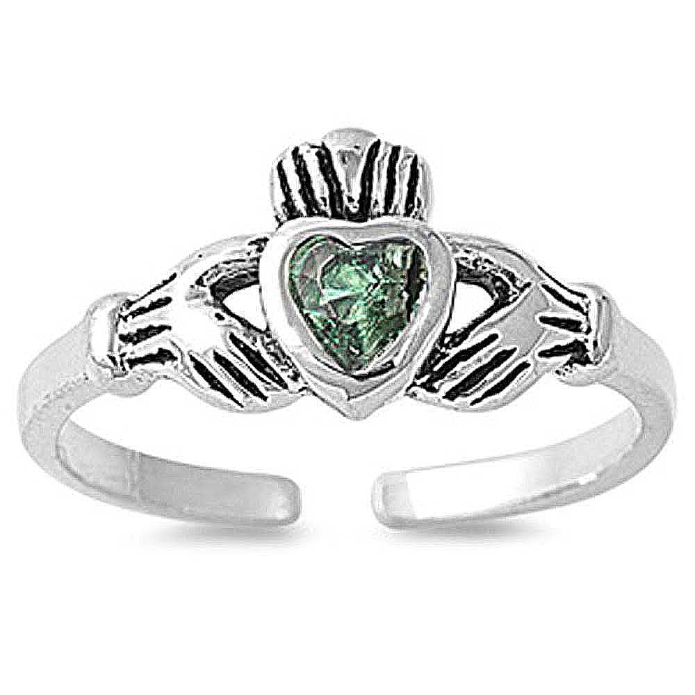 Sterling Silver Classy Claddagh Toe Ring with Emerald CZ HeartAnd Face Height 7 MM