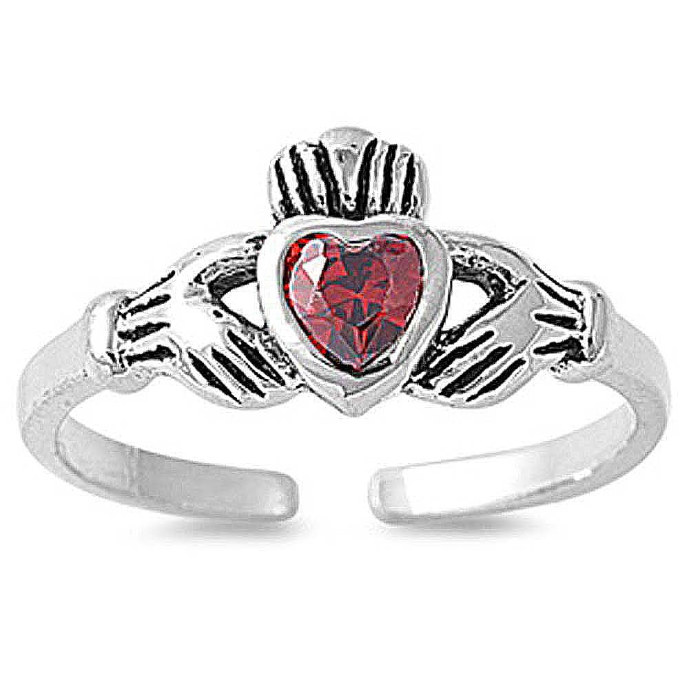 Sterling Silver Classy Claddagh Toe Ring with Garnet CZ HeartAnd Face Height 7 MM