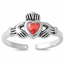 Load image into Gallery viewer, Sterling Silver Classy Claddagh Toe Ring with Red Ruby CZ HeartAnd Face Height 7 MM